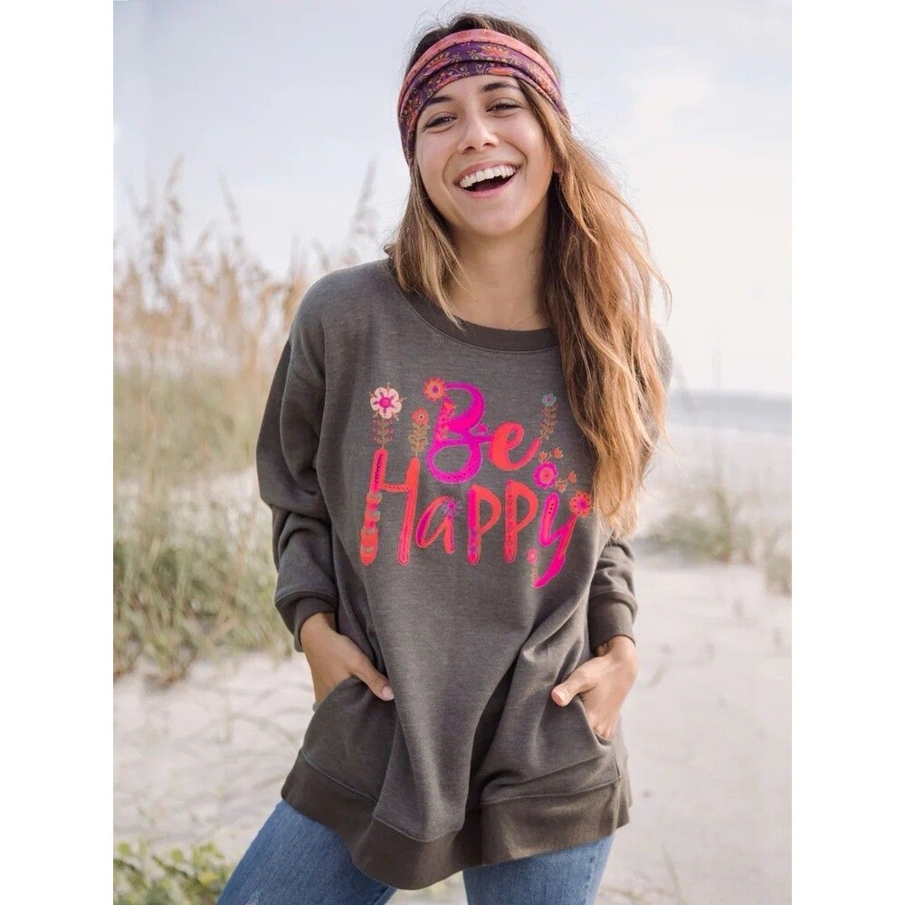 NATURAL LIFE Be Happy Floral Boho Hippie Comfy Relax Pocket Sweatshirt Large Top